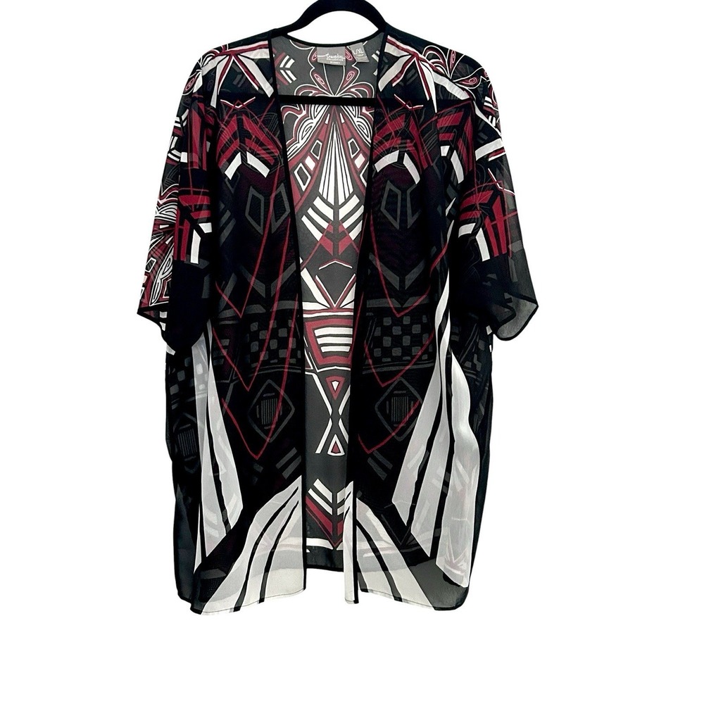 Chico's Travelers Kimono Cardigan Large/XL Sheer Open Front Geometric Red Black